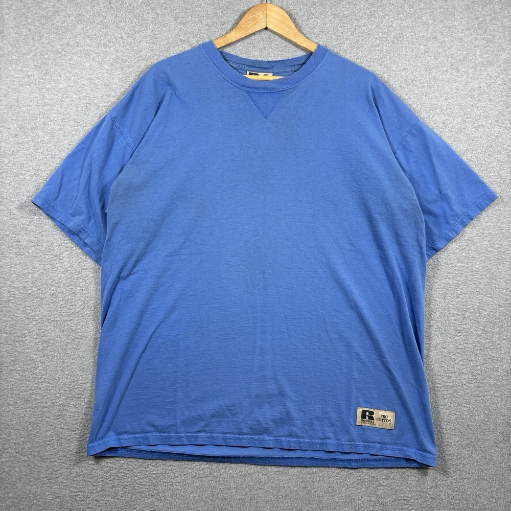Vintage 90s Y2K Russell Athletics Pro Cotton Faded Blue Blank T Shirt XL Heavy